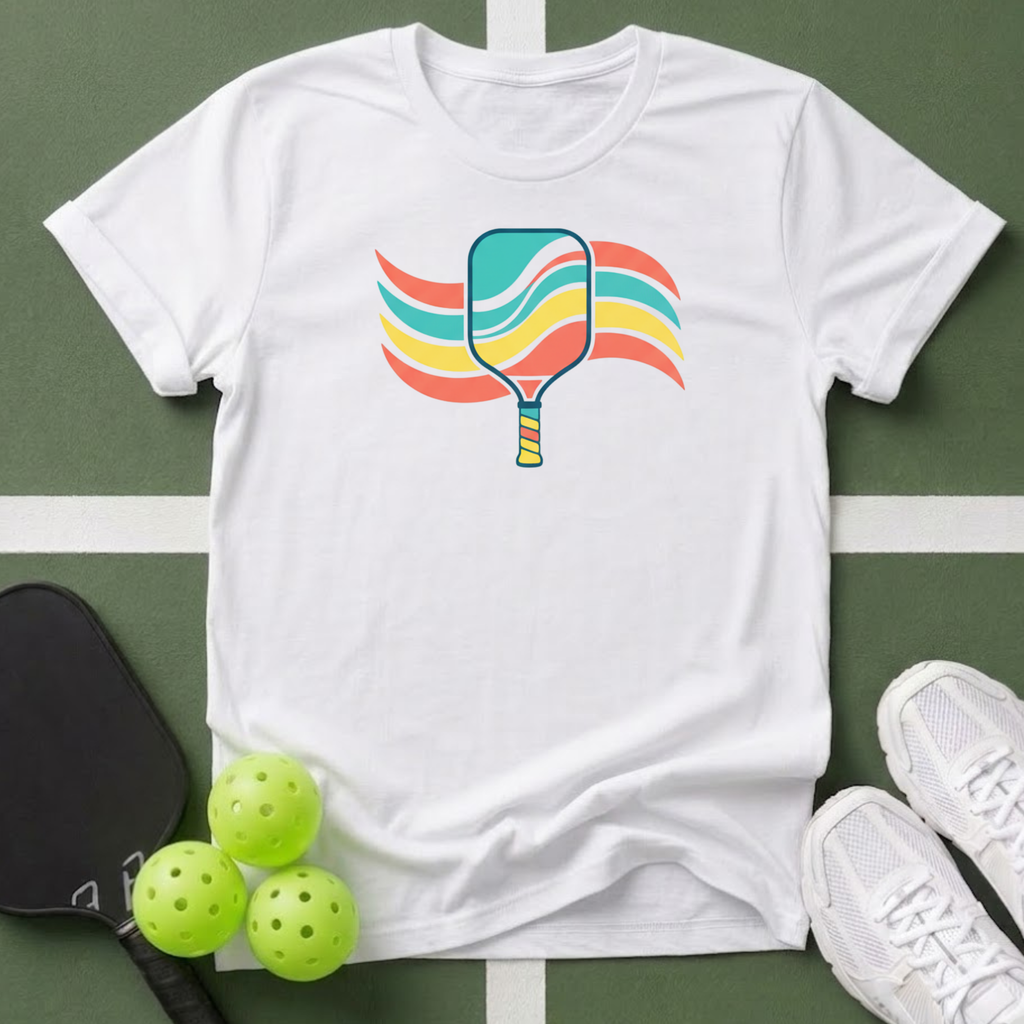 Retro Rainbow Pickleball Paddle T-Shirt