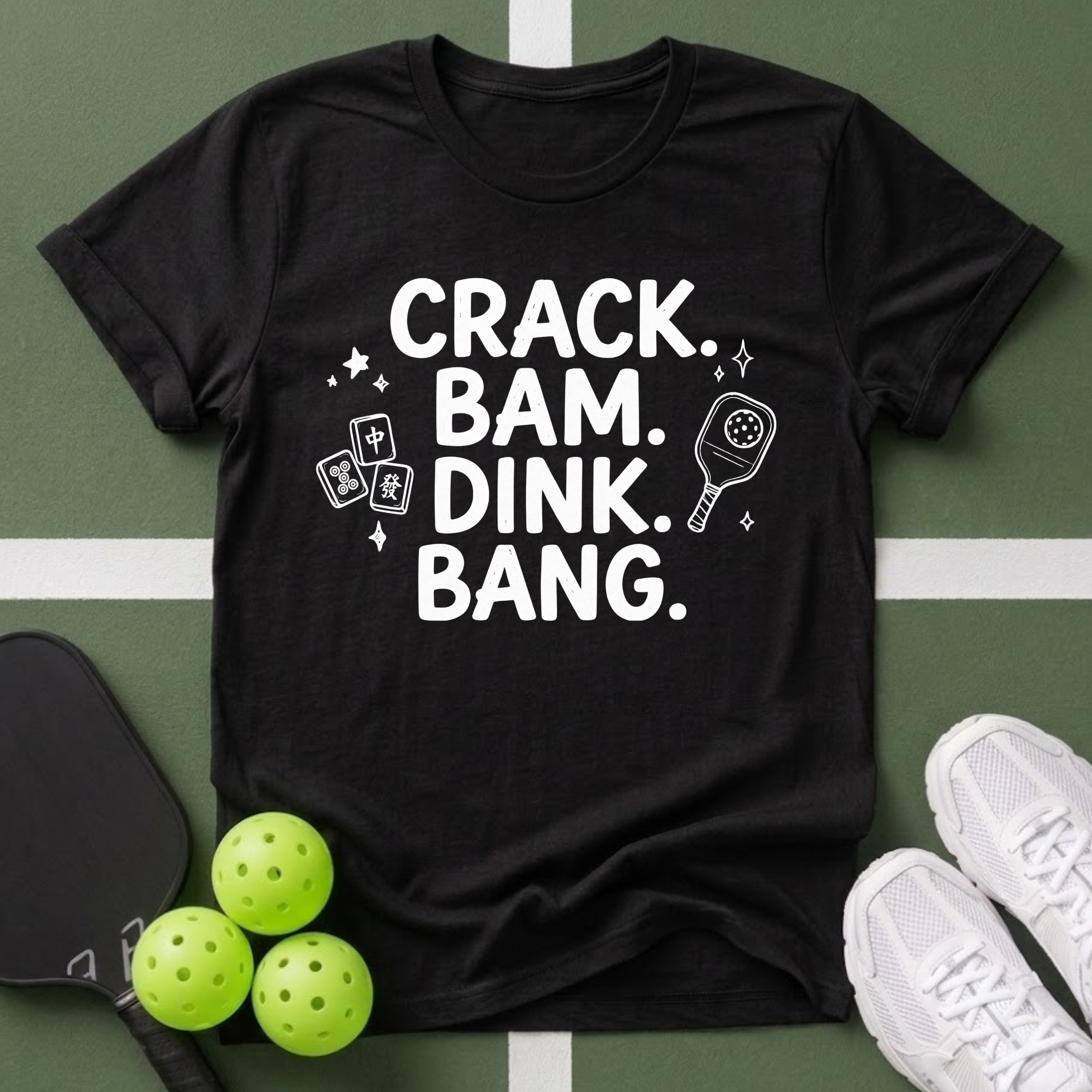 Crack. Bam. Dink. Bang. Mahjong and Pickleball T-Shirt
