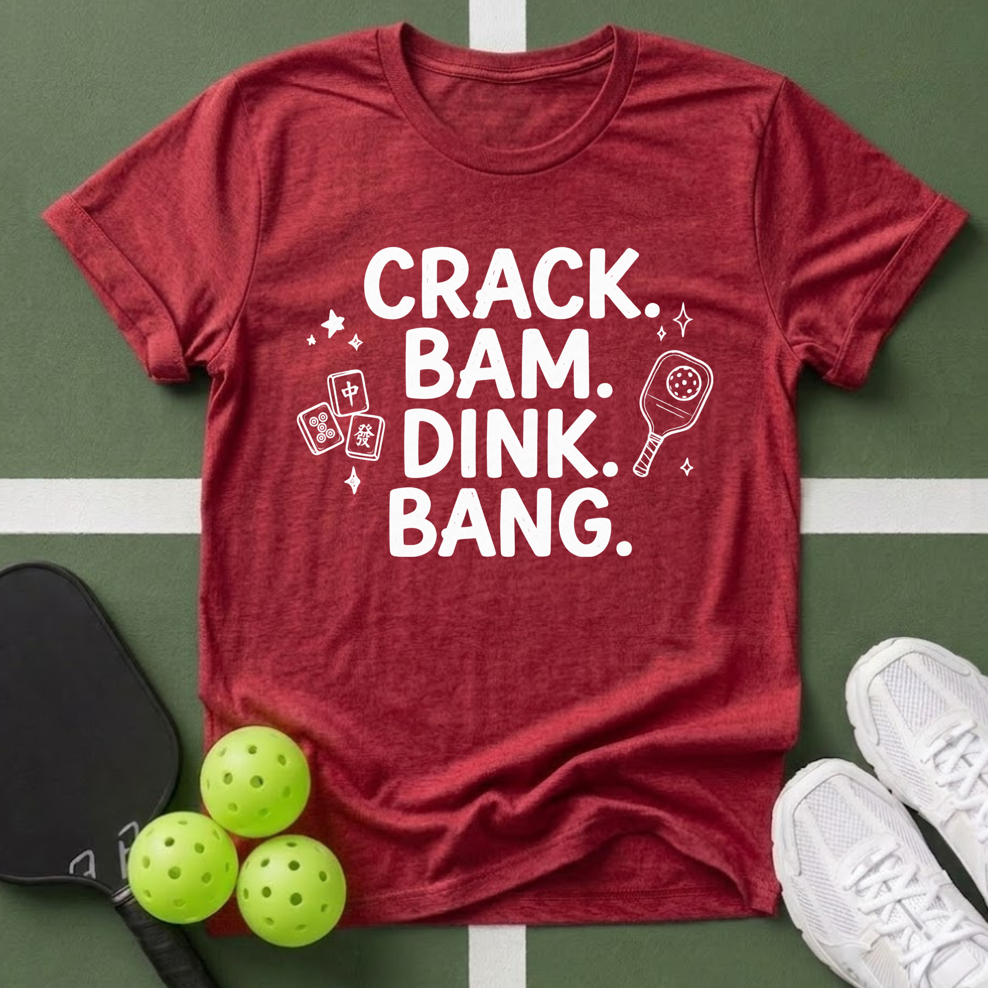 Crack. Bam. Dink. Bang. Mahjong and Pickleball T-Shirt
